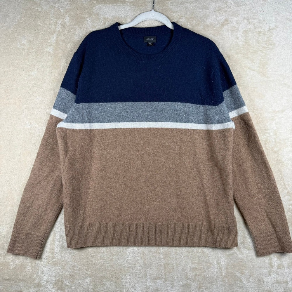 J.Crew Mens Merino Wool Colorblock Crewneck Sweater Navy Brown‎  XXL Preppy